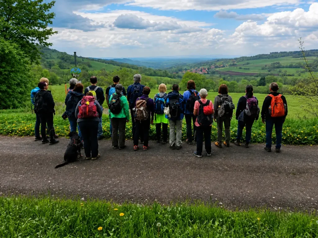 Gruppe von Wandernden steht auf einem Weg und blickt auf eine weite Hügellandschaft mit Feldern und einem Dorf im Tal