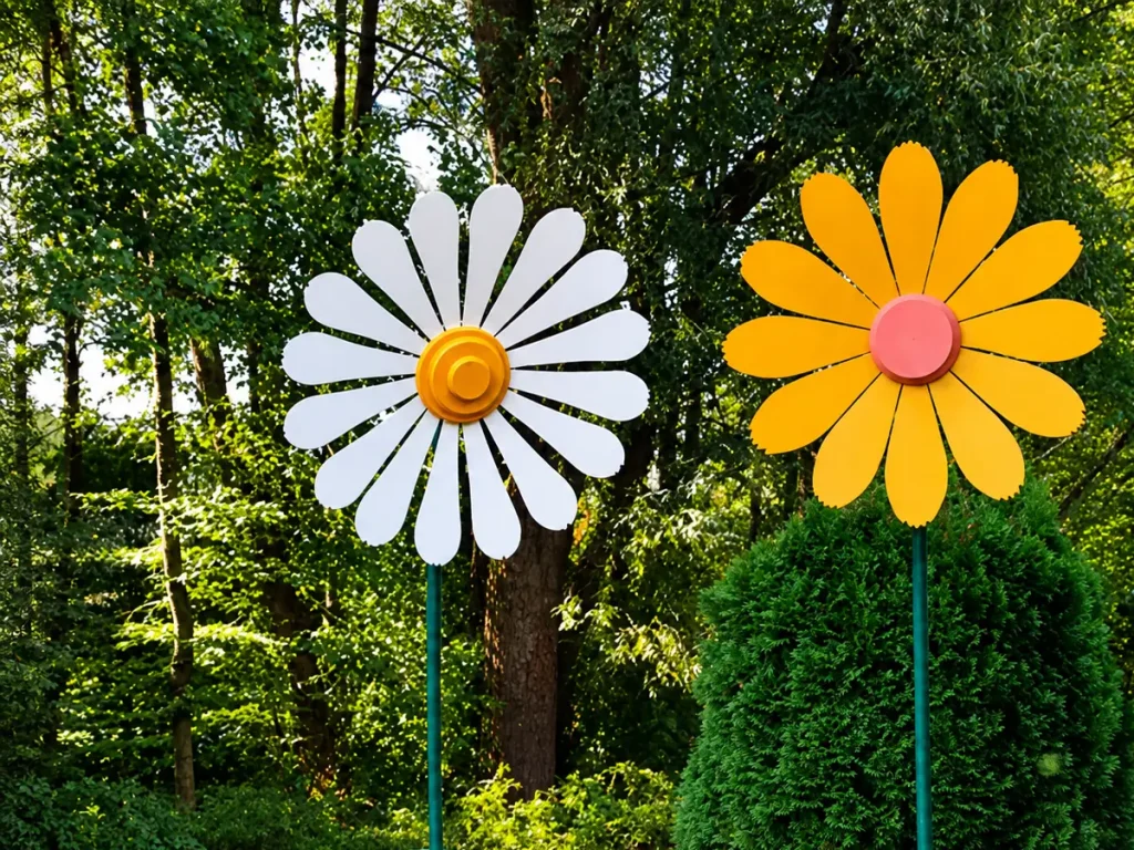 Zwei große dekorative Blumenfiguren aus Metall, eine weiß und eine gelb, stehen in einem grünen Garten