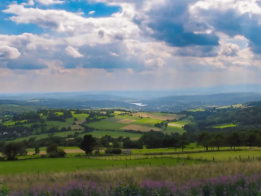 Landschaftsblick über die Region Oberhessen mit Wiesen, Feldern und Wolkenhimmel im Umfeld der Landesgartenschau Oberhessen 2027