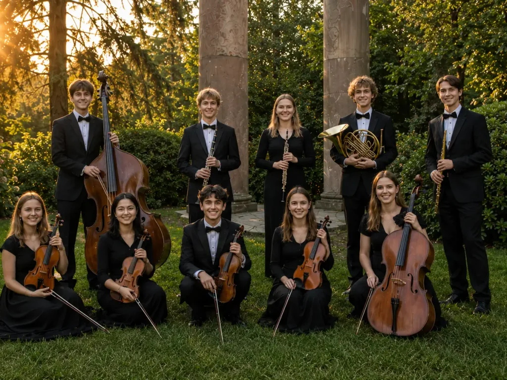 Jugendorchester mit Instrumenten posiert im Freien zwischen Bäumen für ein Gruppenfoto.