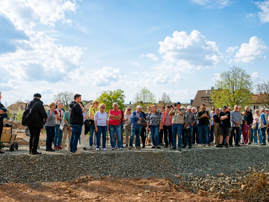 Besuchergruppe bei Führung über die Baustelle des neuen Stadtparks Oberhessen