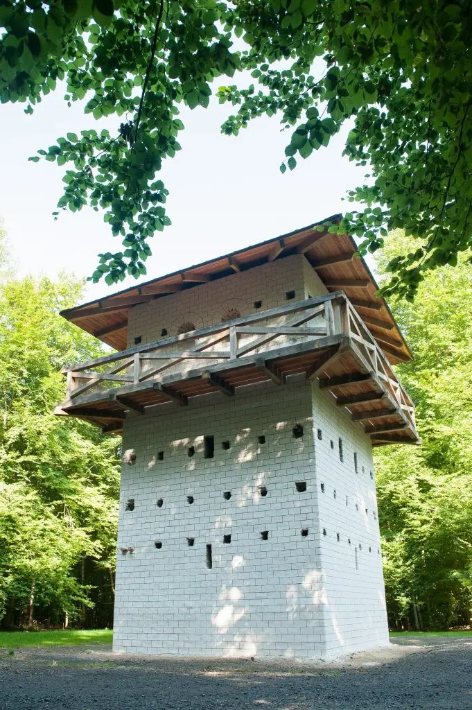 Ein rekonstruierter römischer Wachturm aus Stein mit Holzaufbau steht in einem Waldgebiet.