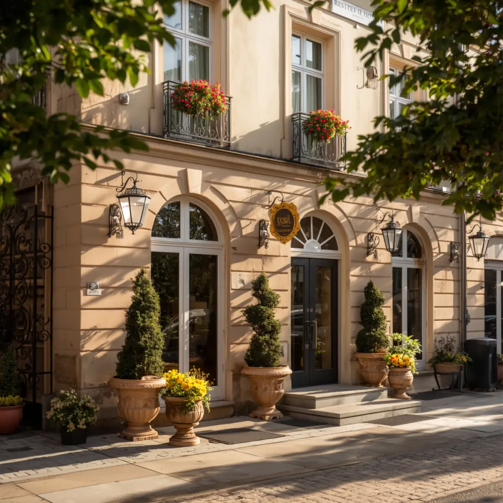 Eingangsbereich des Hotels an der Therme Bad Orb mit stilvoller Fassade, Blumen und dekorativen Pflanzen.
