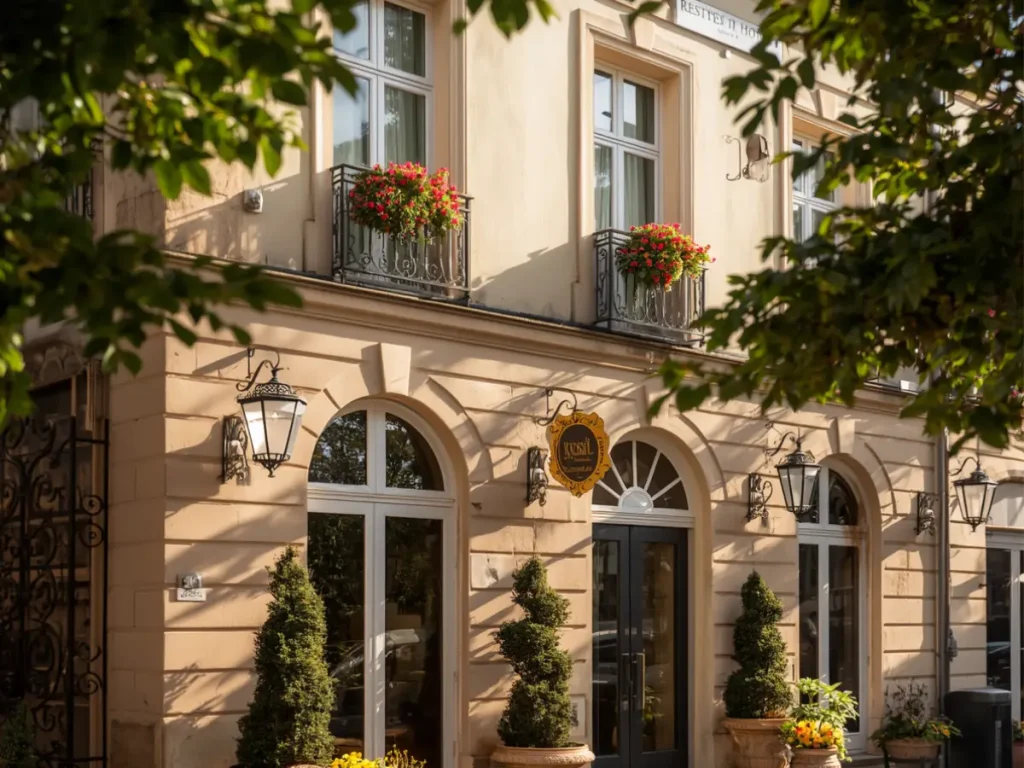 Eingangsbereich des Hotels an der Therme Bad Orb mit stilvoller Fassade, Blumen und dekorativen Pflanzen.