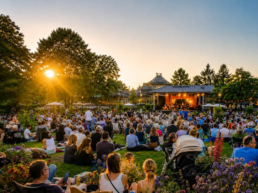 Open Air Konzert bei Sonnenuntergang mit vielen Besucherinnen und Besuchern vor einer Bühne