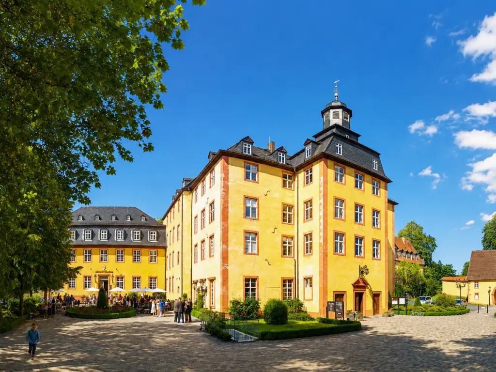 Panoramaansicht von Schloss Gedern mit historischem Schlossgebäude, Schlosspark und Vorplatz bei sonnigem Wetter