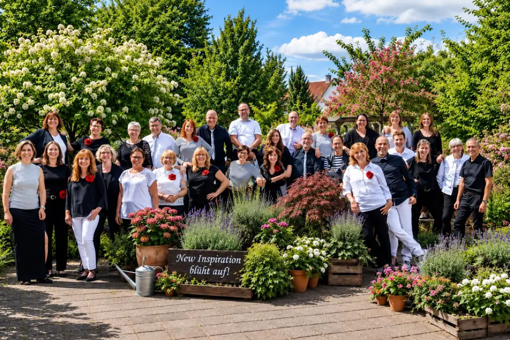 Große Sängergruppe posiert gemeinsam in einem blühenden Garten.