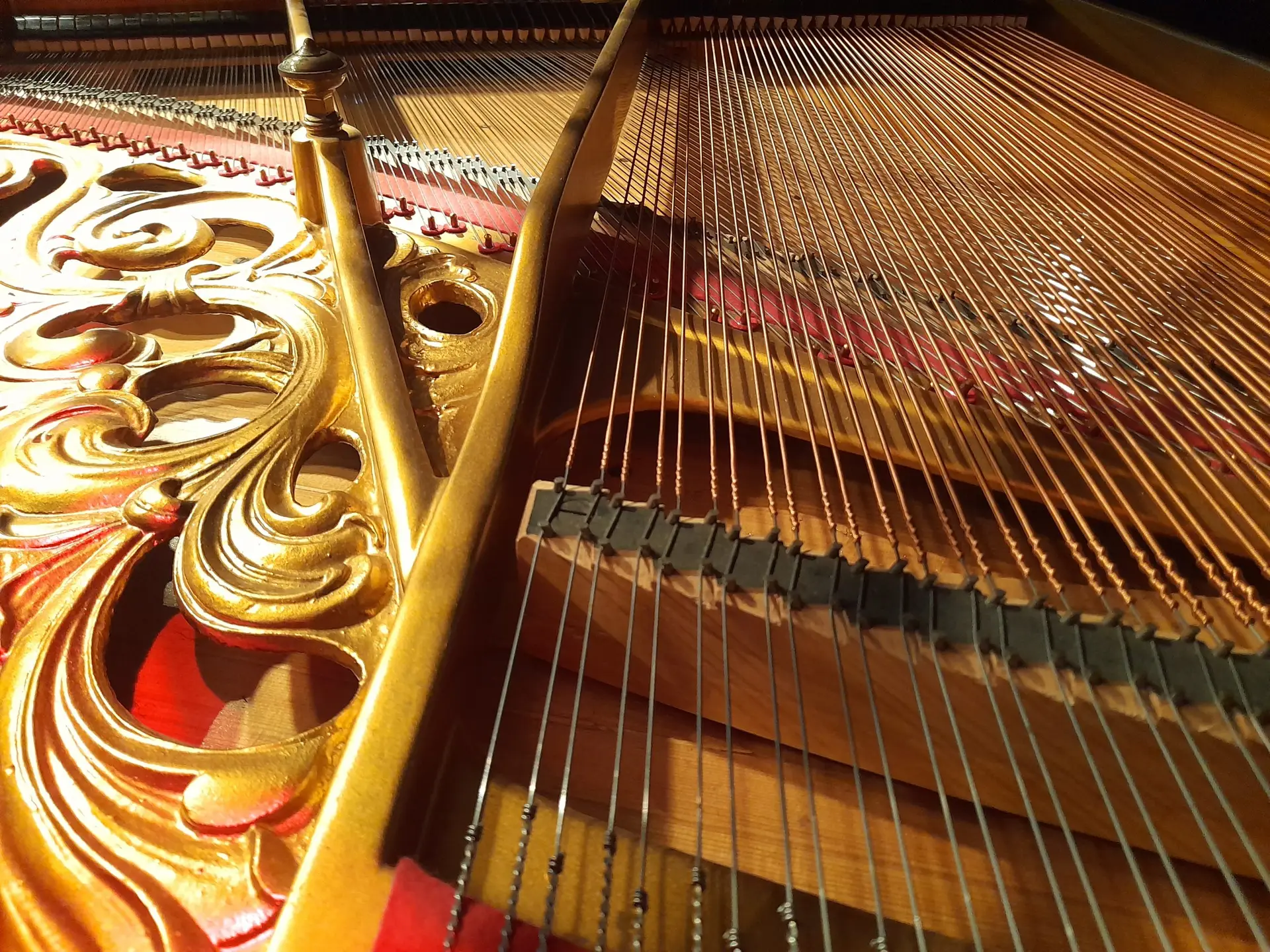 Detailaufnahme des Innenraums eines Flügels mit Saiten, Holzrahmen und goldfarbenen Verzierungen.