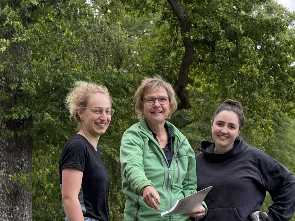 Bettina Jaugstetter, Ulrike Hansen-Röper und Florian Herrmann im Kurpark Bad Salzhausen vor der geplanten Staudenpflanzung für die Landesgartenschau Oberhessen 2027