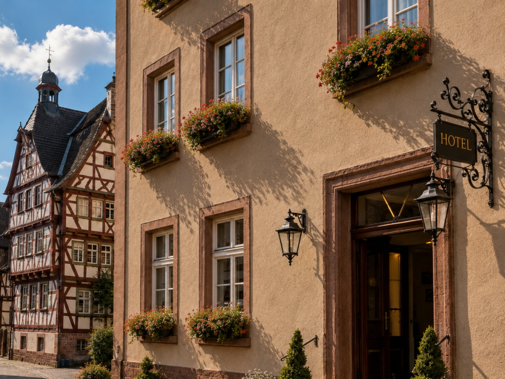 Braunes Hotelgebäude mit Fachwerkhäusern in der historischen Altstadt von Büdingen.