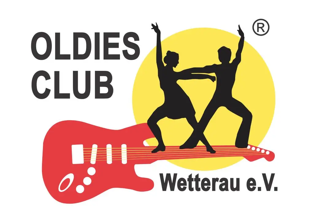 Logo des Oldies Club Wetterau e. V. mit stilisierter roter E-Gitarre und tanzendem Paar vor einer gelben Kreisfläche.