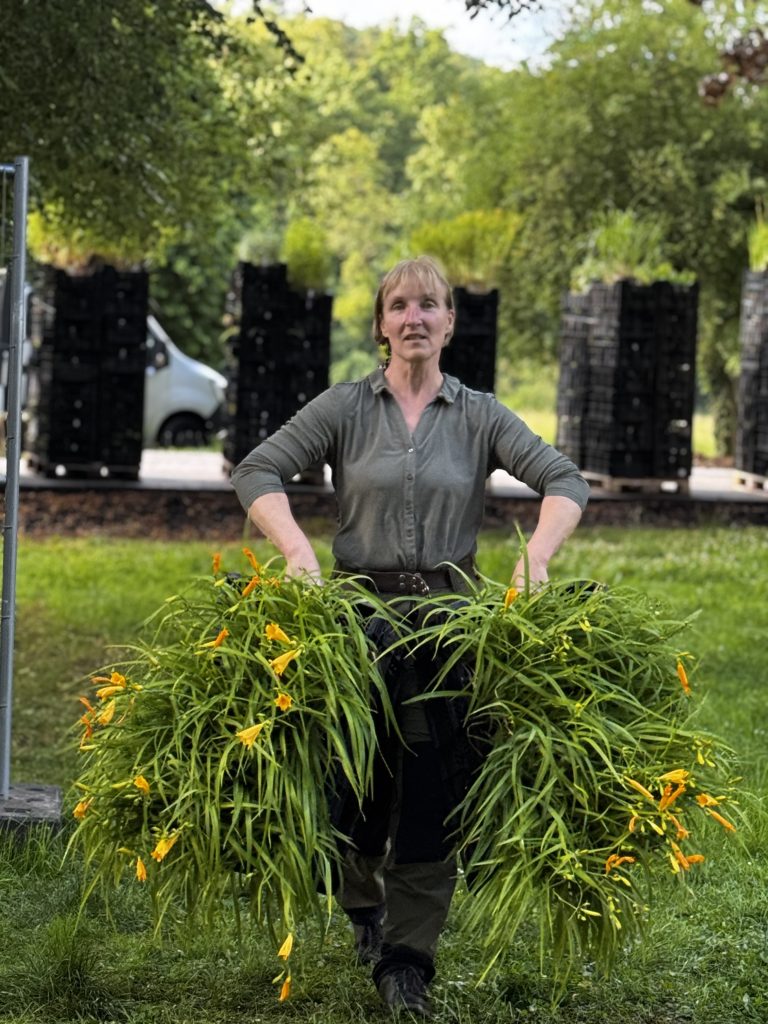Ulrike Hansen-Röper, gärtnerische Leiterin der Landesgartenschau Oberhessen 2027, mit Staudenpflanzen im Kurpark Bad Salzhausen