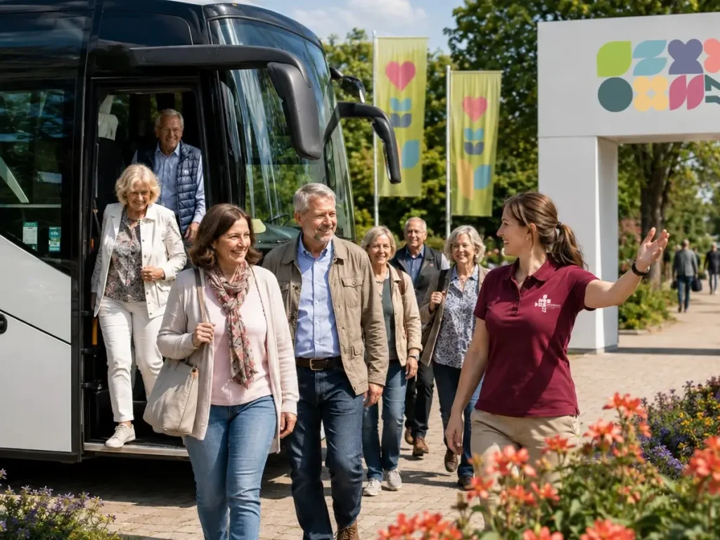 Gästeführerin begrüßt eine Reisegruppe nach der Ankunft mit dem Bus auf der Landesgartenschau Oberhessen 2027