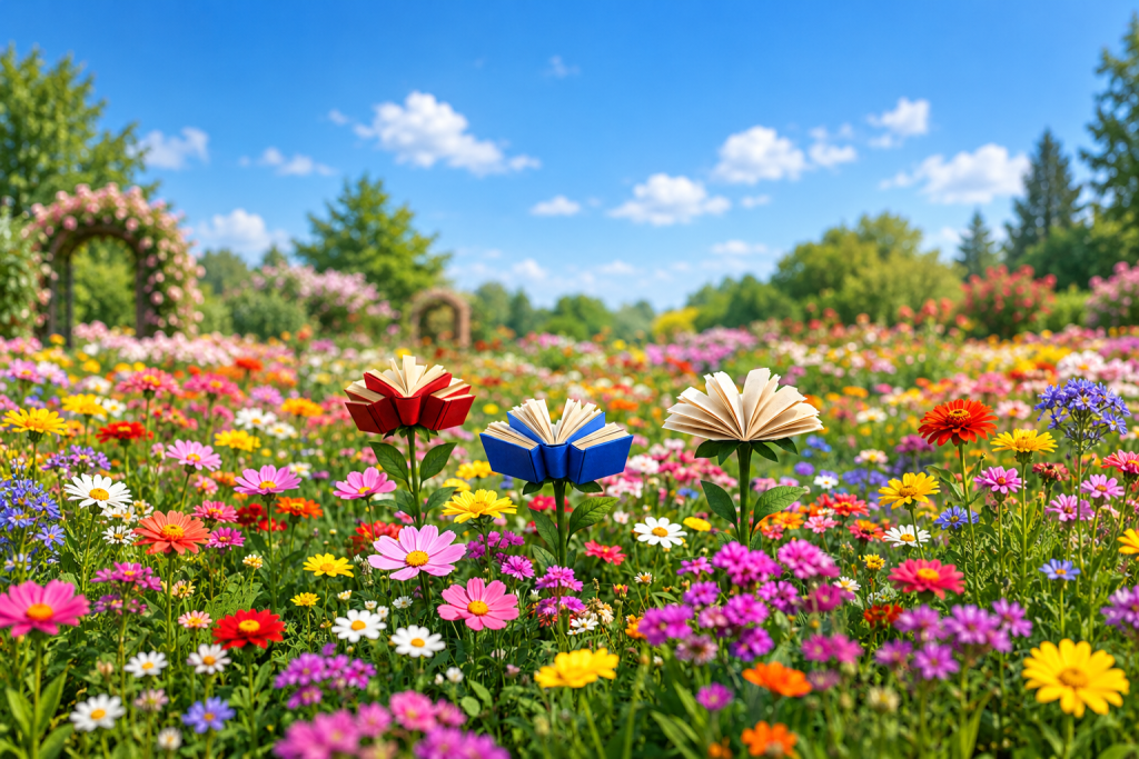 Bunte Blumenwiese mit drei geöffneten Büchern, die wie Blüten zwischen den Pflanzen stehen.
