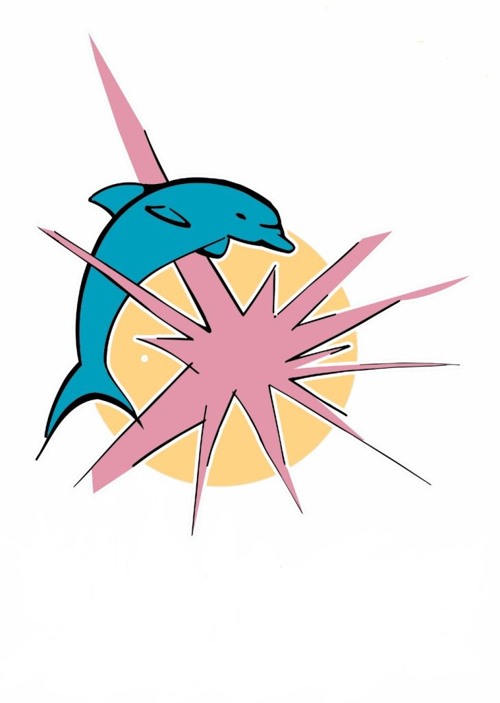 Grafische Illustration eines springenden Delfins vor einer gelben Sonne und pinken Strahlen.