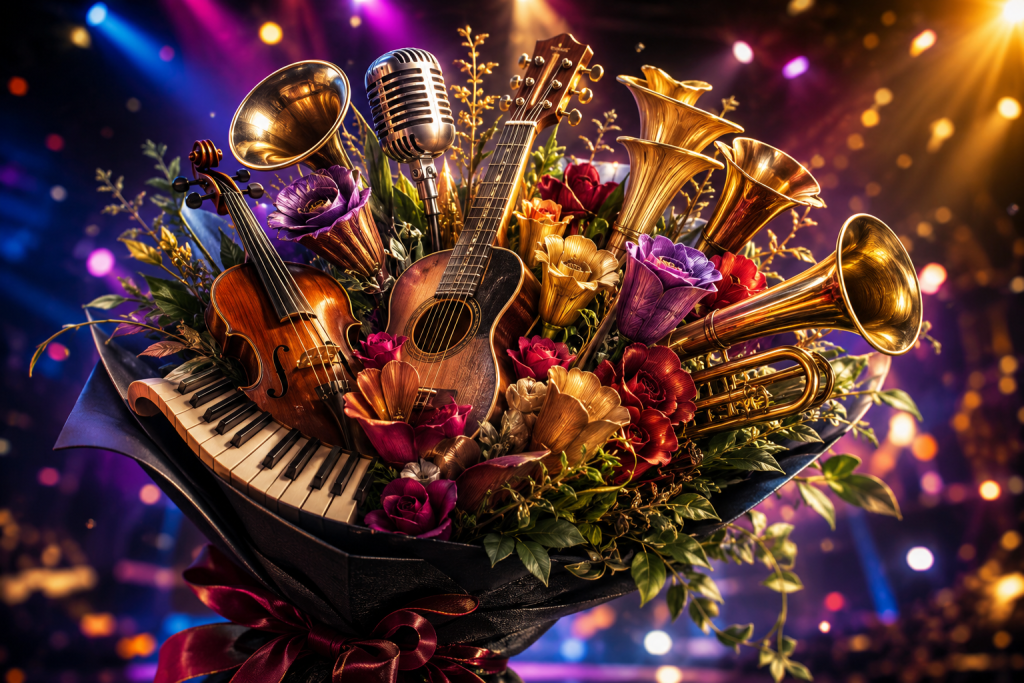 Musikalischer Blumenstrauß aus Gitarre, Violine, Blasinstrumenten, Mikrofon und bunten Blüten vor einer beleuchteten Bühne.