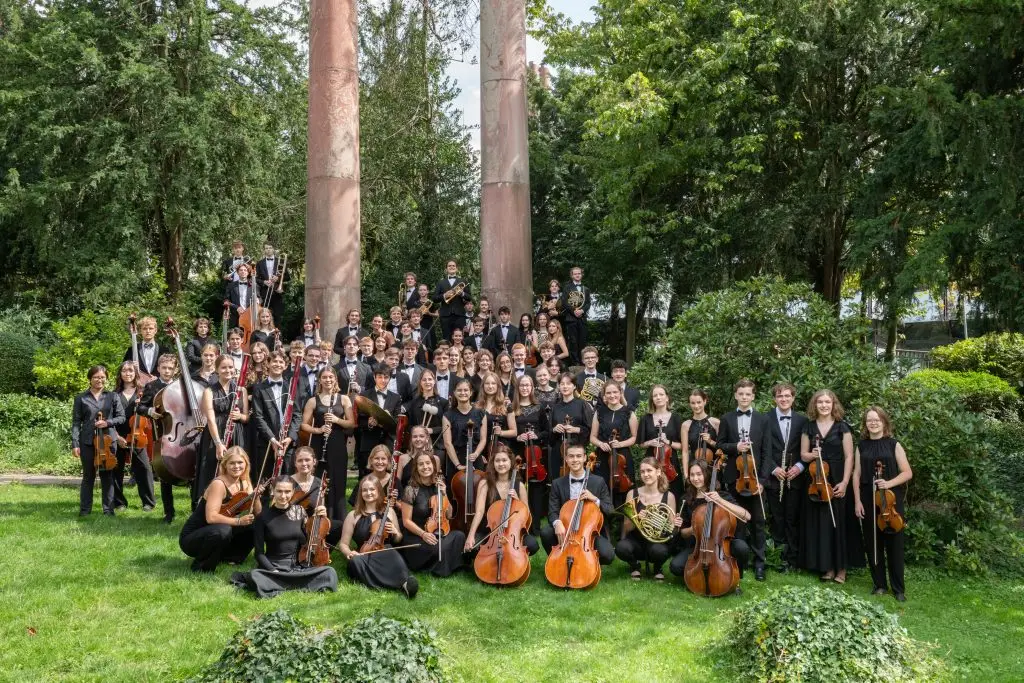 Großes Jugendsinfonieorchester posiert mit Streich-, Holz- und Blechblasinstrumenten im Grünen.