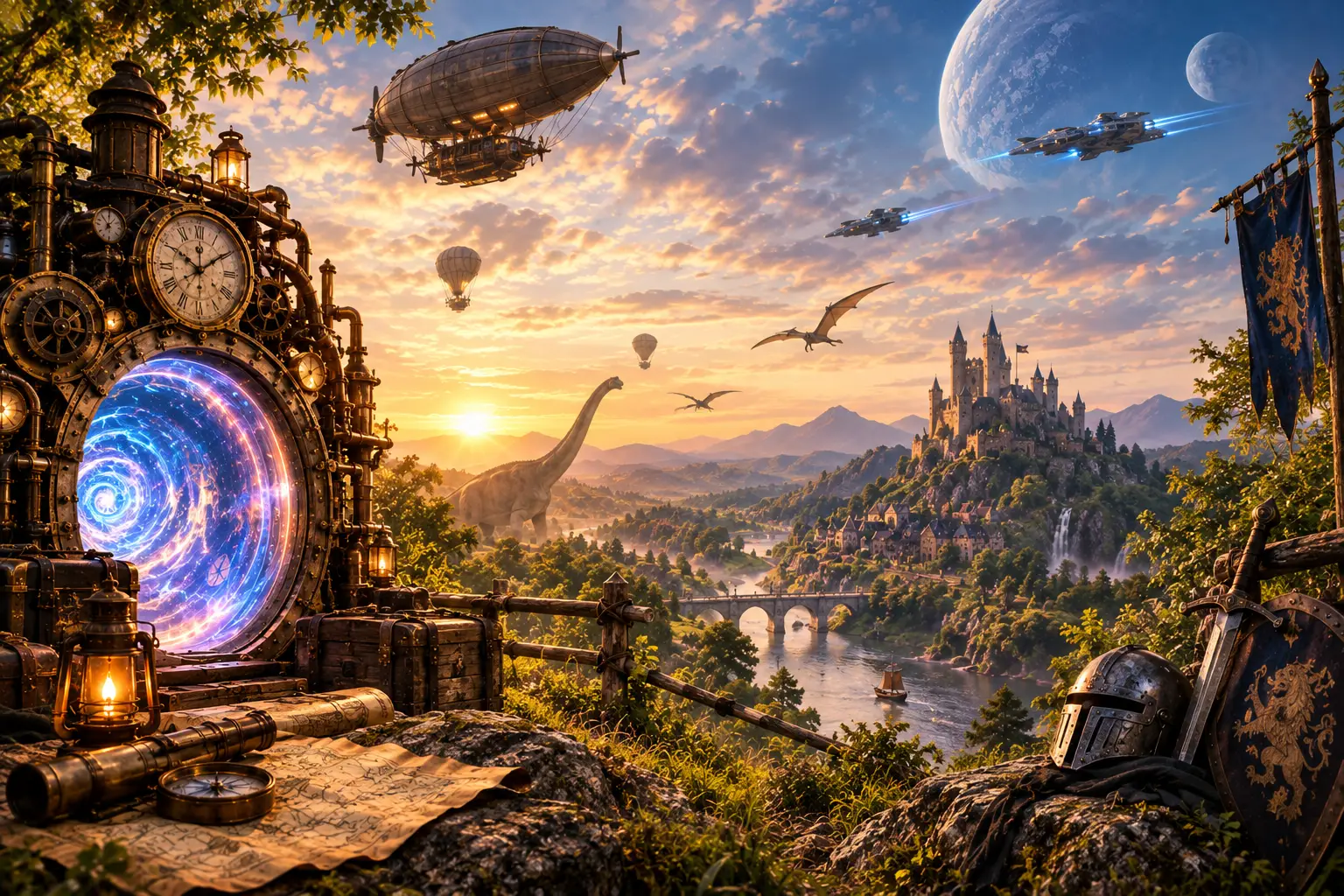 Eine fantastische Zeitreisewelt mit einem leuchtenden Zeitportal, einem Luftschiff, Dinosauriern, mittelalterlicher Burg und futuristischen Raumschiffen vor einer Landschaft bei Sonnenuntergang.