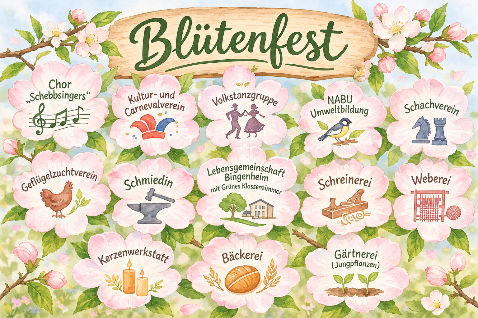 Programmpunkte des Blütenfests in einer Collage angeordnet.
