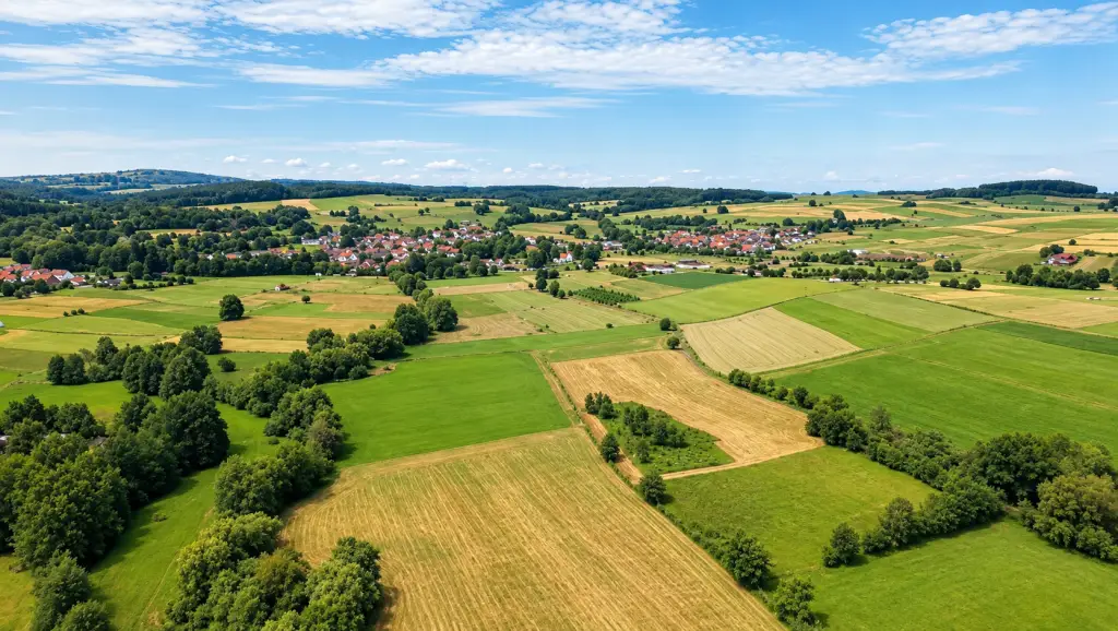 Luftaufnahme einer ländlichen Hügellandschaft mit Feldern, Wiesen und mehreren Ortschaften.