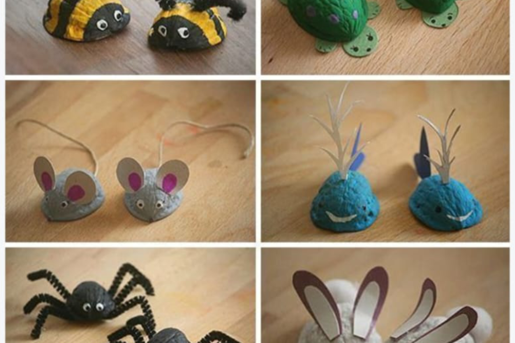 Bunte Basteltiere aus Eierkartons, darunter Marienkäfer, Bienen, Schildkröten, Mäuse, Spinnen, Hasen, Frösche und Krebse.