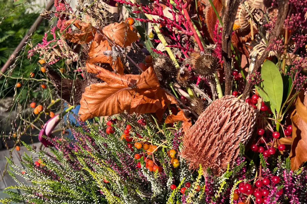 Herbstliches Pflanzenarrangement mit roten Beeren, orangebraunen Blättern, Heide und markanter Trockenblüte.
